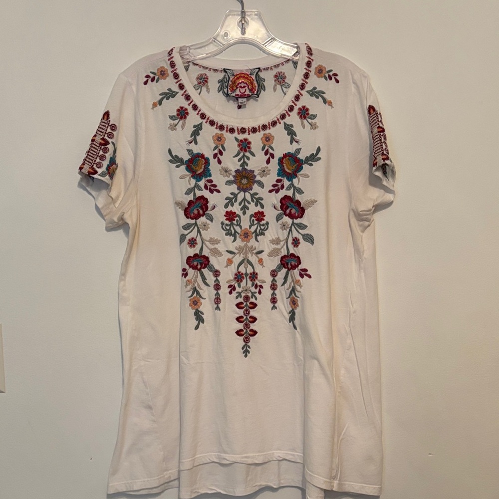Johnny Was Ivory Blouse with Multicolor Floral Embroidery